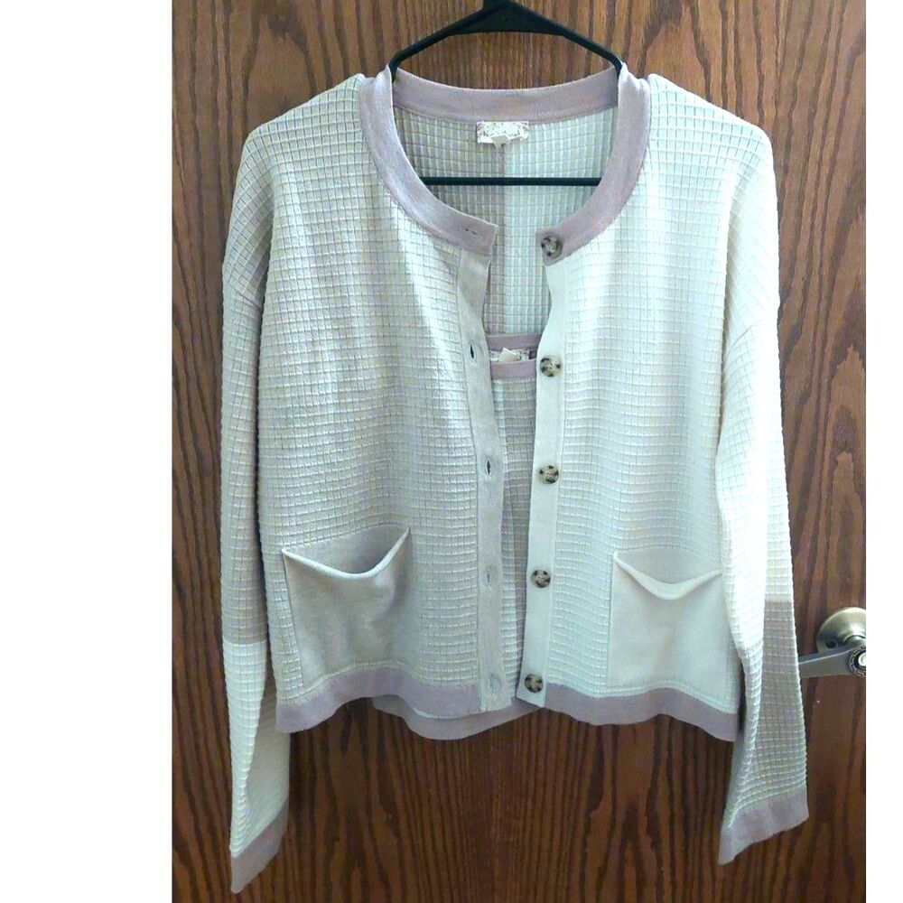 Hem & Thread Cardigan Tank Set Womens M Cream Mauve Textured Knit 2 Piece